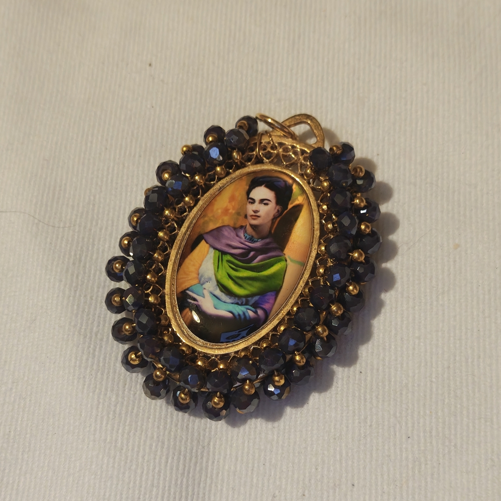 Handmade In Mexico - Gold and Black Beaded Frida Kahlo Pendant